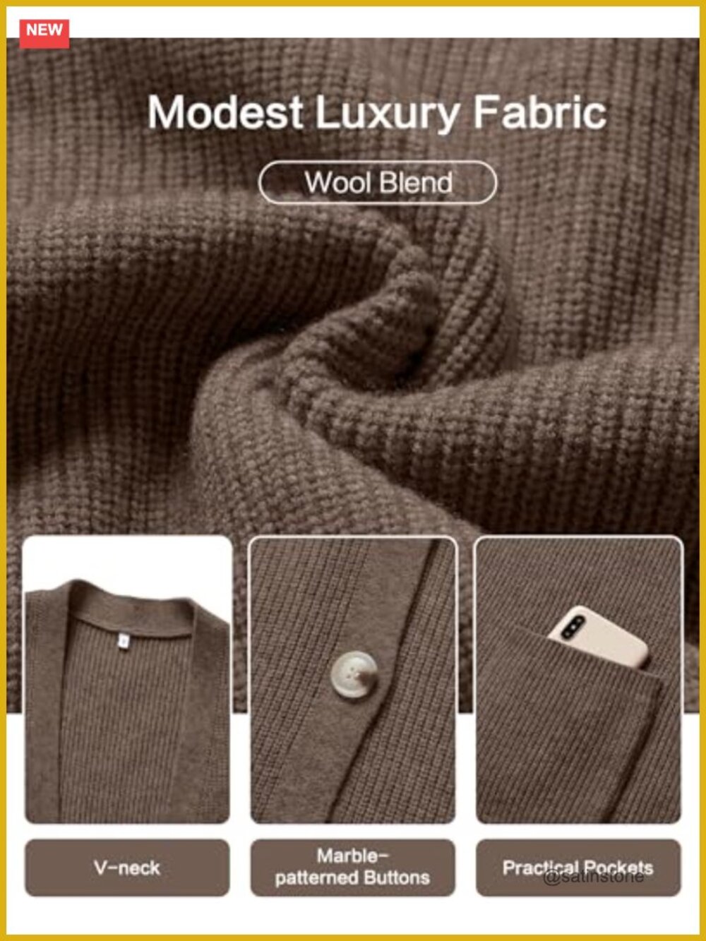Women's Wool Blend Chunky Knit Cardigan, V-Neck Button Front with Pockets - Picture 5 of 6